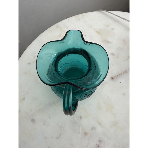 Vintage Empoli Italian Art Glass Pitcher 4.5” Grape Leaf Hand Blown Italy Teal - Picture 6 of 8